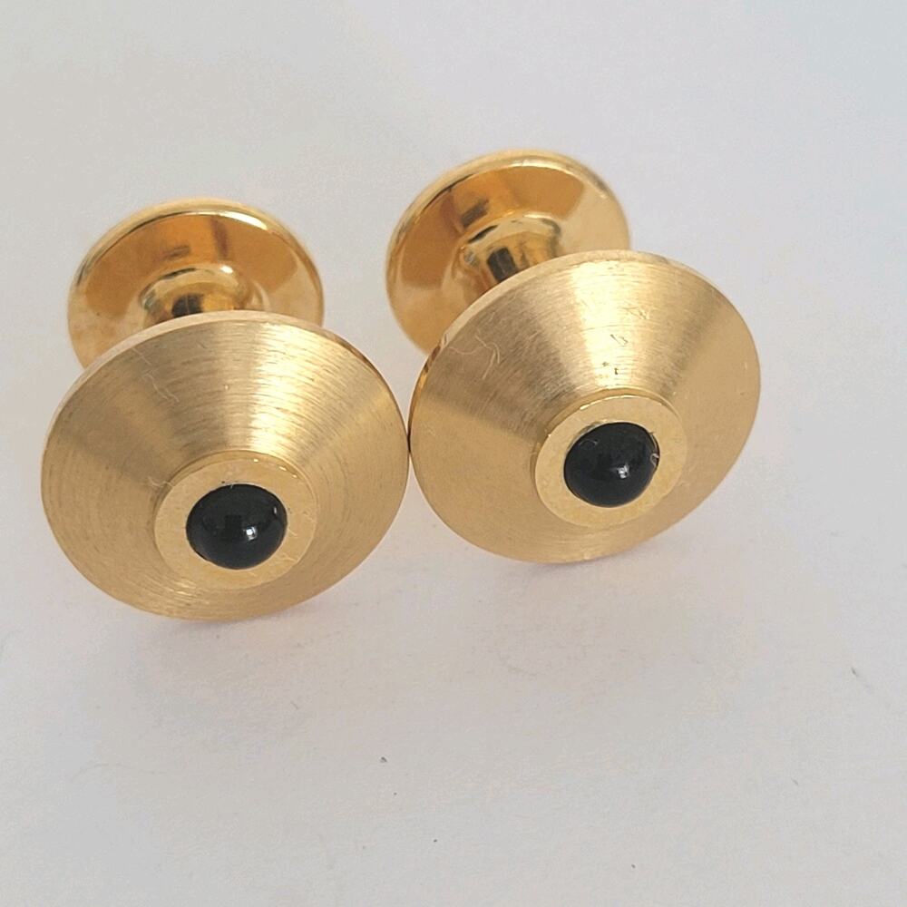 Dunhill Cufflinks Gold Black Tone Logo Round Designer Vintage Onyx Cobochon